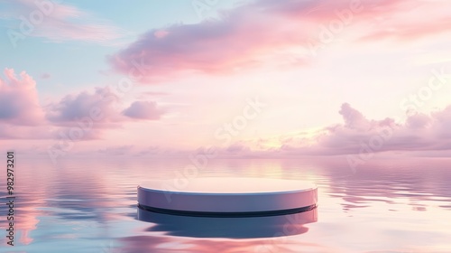 ethereal glass podium floating on a mirrorlike water surface reflecting a pastel sunset sky soft ripples and lens flares create a dreamy luxurious atmosphere perfect for product showcase