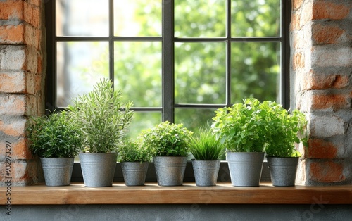 Seven pots of fresh herbs decorate a wooden window ledge with soft sunlight filtering through photo