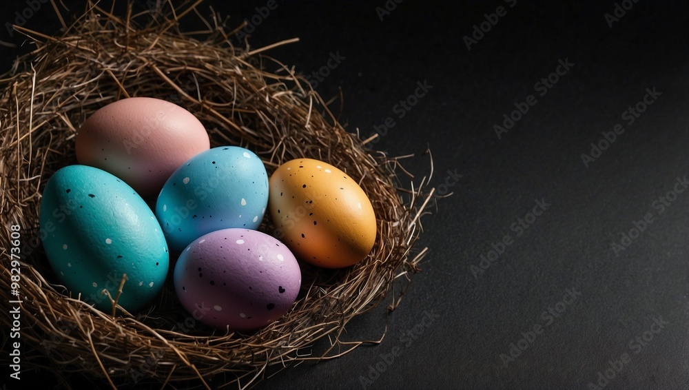 Basket with colored easter eggs isolated on black background with copyspace Basket with colored easter eggs isolated on black background with copyspace