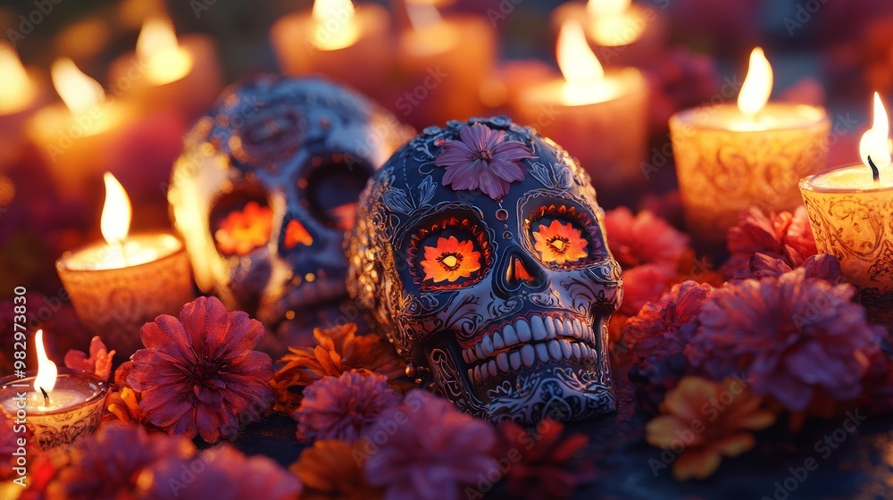 ## 3D Sugar Skull Celebration: Ornate Skulls, Candles, and Blossoms in Rich Detail ## 3D Sugar Skull Celebration: Ornate Skulls, Candles, and Blossoms in Rich Detail