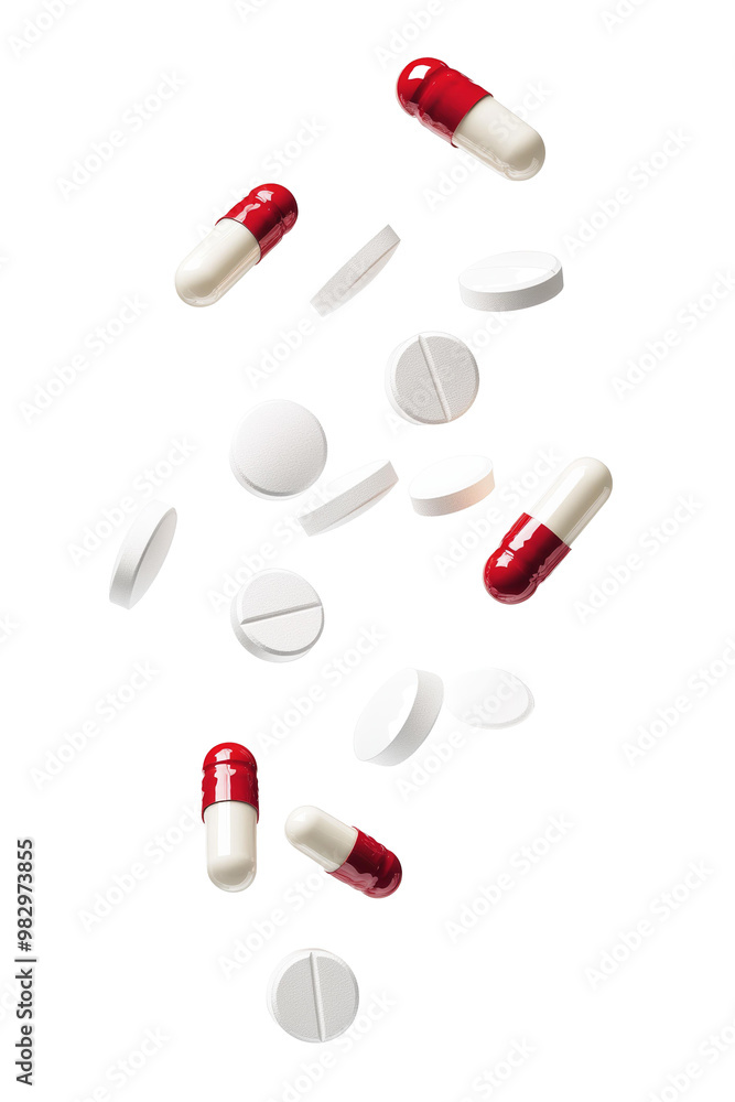 Falling Pills isolated on white background, clipping path, full depth of field Falling Pills isolated on white background, clipping path, full depth of field