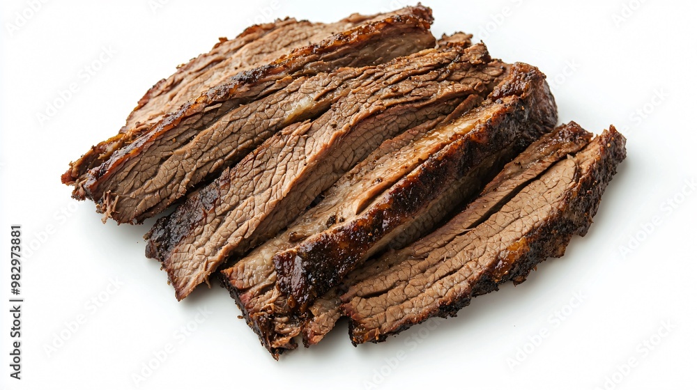 Fototapeta premium Slow-cooked brisket slices, tender and smoky, on a flat white background
