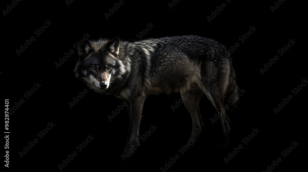 Fototapeta premium A dark wolf stands out against a black background.