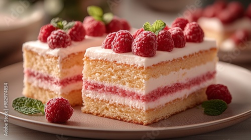 Layered cake with cream, fruit filling, topped with berries.