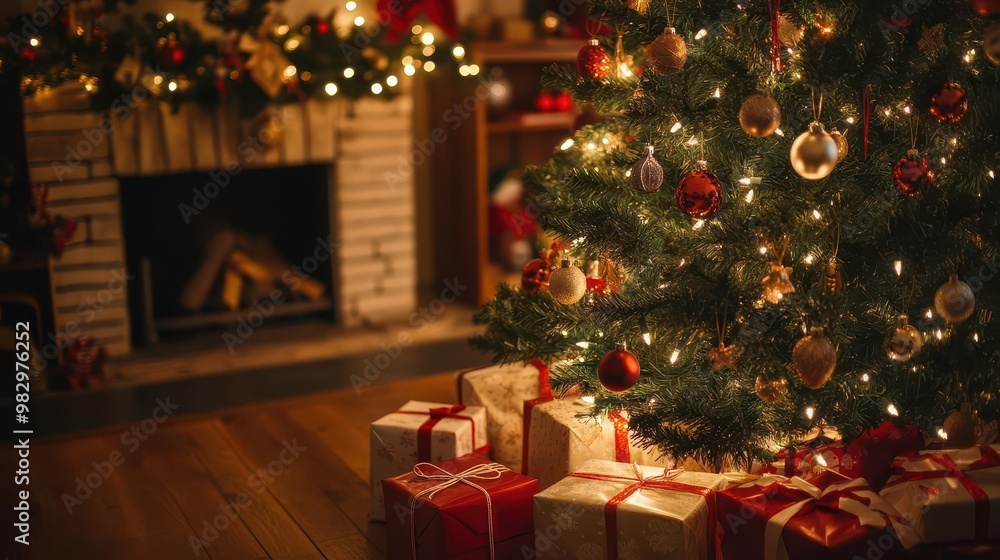 festive holiday scene twinkling christmas tree adorned with ornaments and lights beautifully wrapped presents underneath warm cozy ambiance festive holiday scene twinkling christmas tree adorned with ornaments and lights beautifully wrapped presents underneath warm cozy ambiance