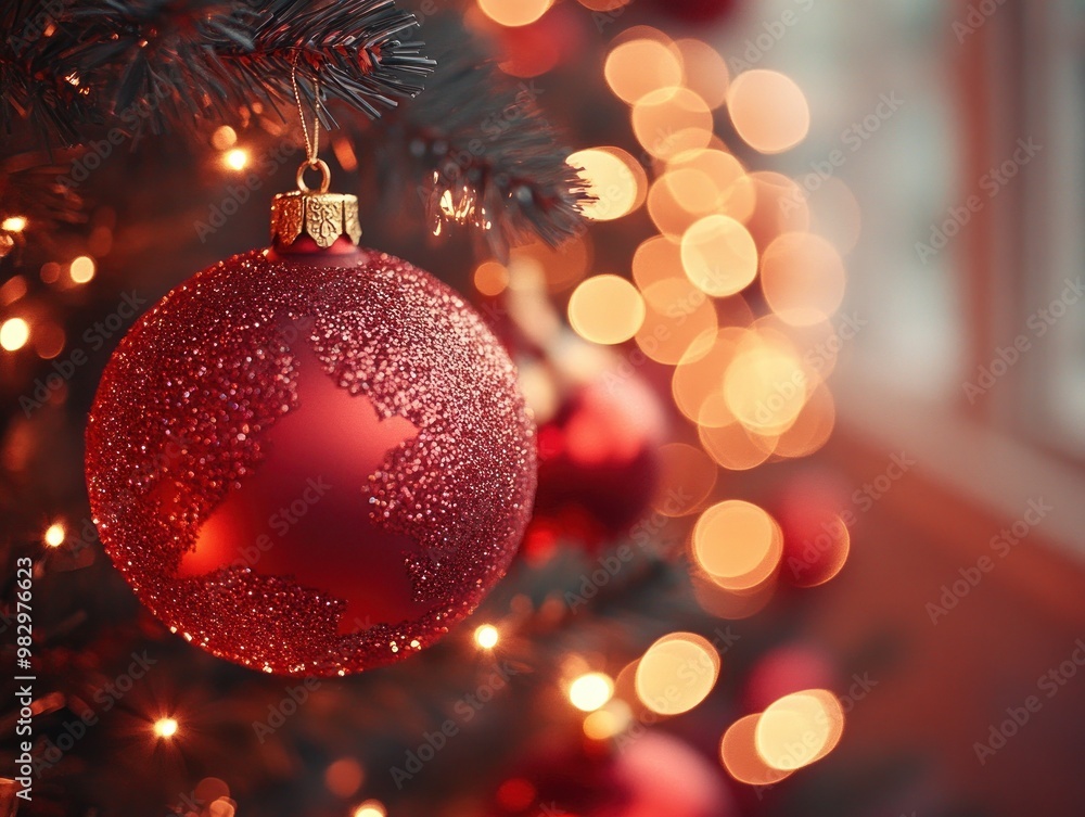 A beautifully decorated glowing Christmas tree with red ornaments shining in a cozy setting A beautifully decorated glowing Christmas tree with red ornaments shining in a cozy setting
