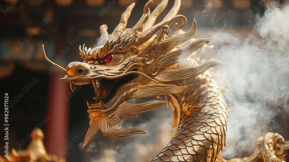 fierce golden dragon statue intricately carved scales ruby eyes coiled pose smoke tendrils ancient temple courtyard backdrop dramatic lighting fierce golden dragon statue intricately carved scales ruby eyes coiled pose smoke tendrils ancient temple courtyard backdrop dramatic lighting