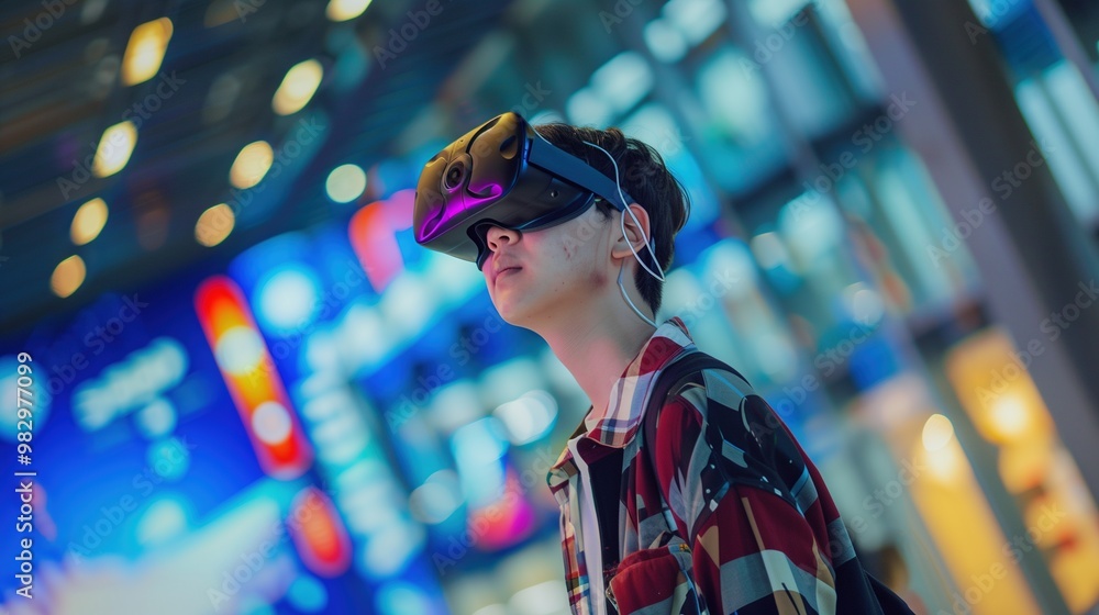 Young Person Wearing Virtual Reality Headset in a Neon-Lit Environment Young Person Wearing Virtual Reality Headset in a Neon-Lit Environment