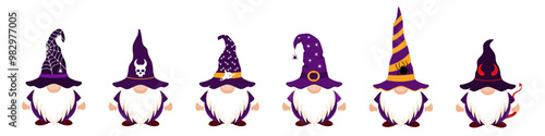 Cute halloween gnomes with creepy hat. Festive characters with cobwebs and skulls on their hats and demonic horns for designer witchcraft parties