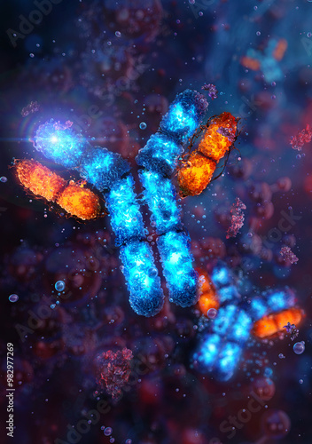 Antibodies, immunoglobulin Ig proteins, amino acids 3D medical image. Immune system, IgM IgG, IgE, IgD, IgA antibodies glycoproteins, specific antigens against virus. Antibody cells, immunity response