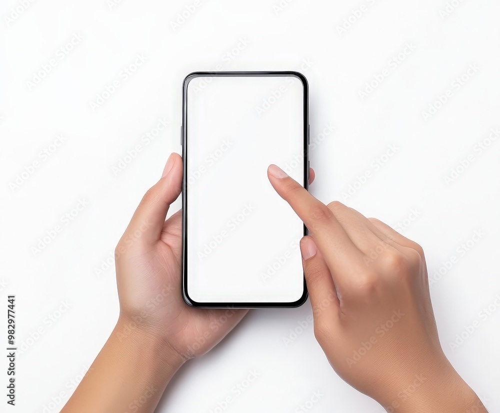 A person is holding a phone with a white screen and pointing at it A person is holding a phone with a white screen and pointing at it