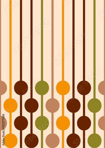 Retro 70s asymmetric hanging circles brown orange Vector Pattern. Midcentury modern style asymmetric retro circles seamless pattern in autumn colors: orange yellow, moss green, brown, cream.