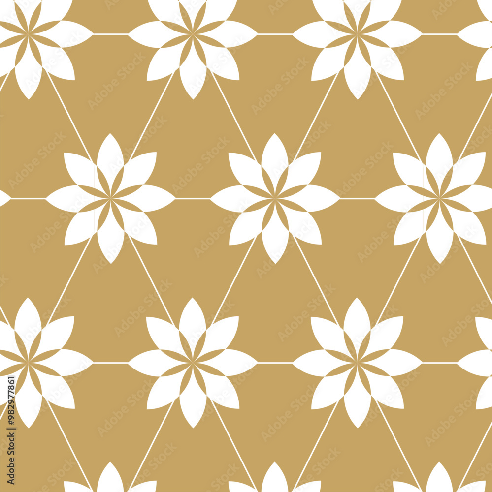 Fototapeta premium Abstract geometric pattern with triangle, lines and stripes on white background. A seamless vector background. Graphic modern pattern. White and gold floral pattern.