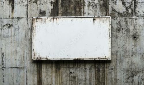 White framed sign on a weathered concrete wall.