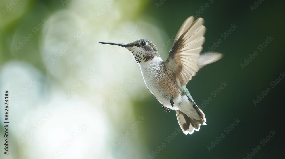 Obraz premium A hummingbird hovers in mid-air, its wings a blur against the soft, out-of-focus background.