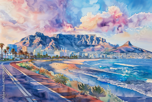 A painting of a road with a beach and mountains in the background