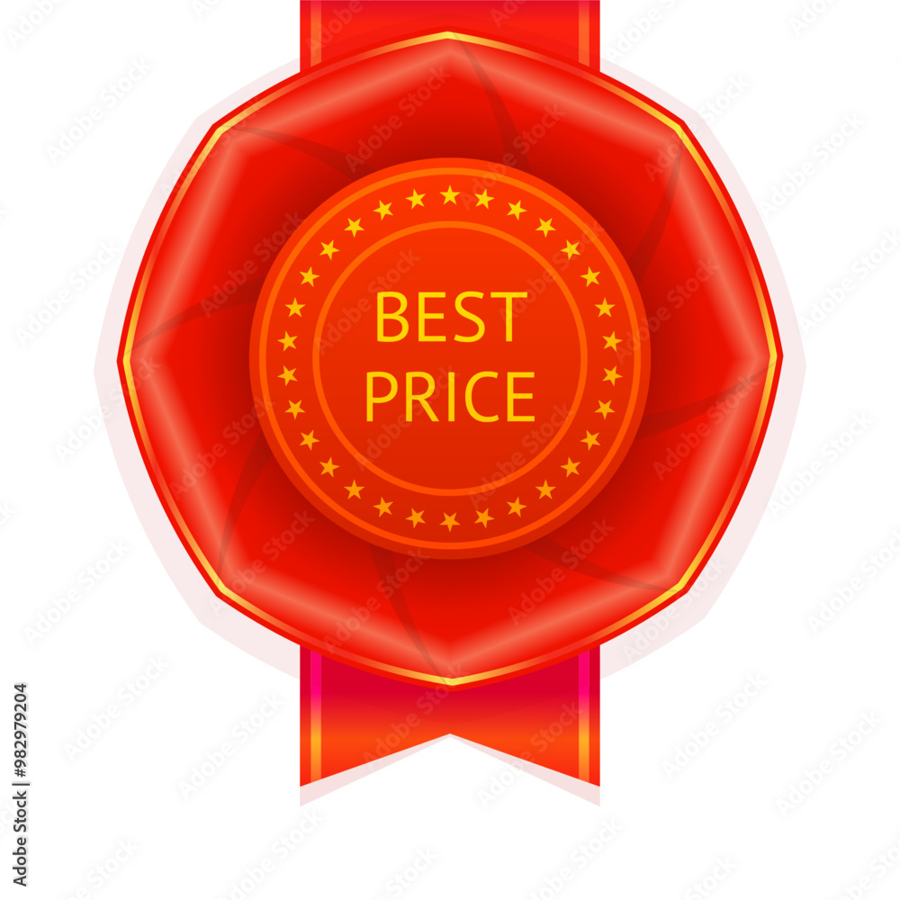 3D realistic vector red ribbon award with stars. Warranty rosette emblem isolated on white background. Champion Medal. Product label 3D realistic vector red ribbon award with stars. Warranty rosette emblem isolated on white background. Champion Medal. Product label
