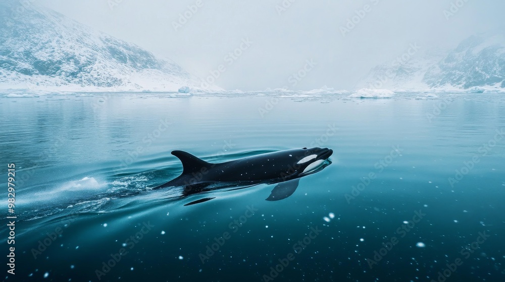 Fototapeta premium A killer whale swims in the icy waters near Tromso, Norway.
