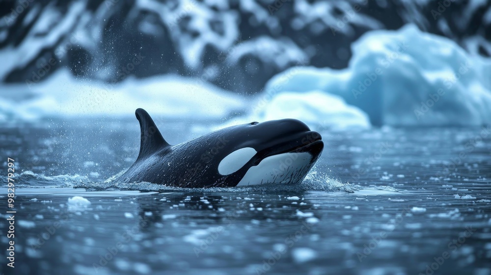 Fototapeta premium A killer whale swims in the icy waters near Tromso, Norway.