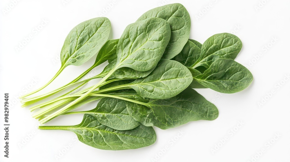 fresh bundle of vibrant green spinach leaves isolated on white background topdown view crisp details highlighting leaf texture and veins arranged in natural justpicked style fresh bundle of vibrant green spinach leaves isolated on white background topdown view crisp details highlighting leaf texture and veins arranged in natural justpicked style