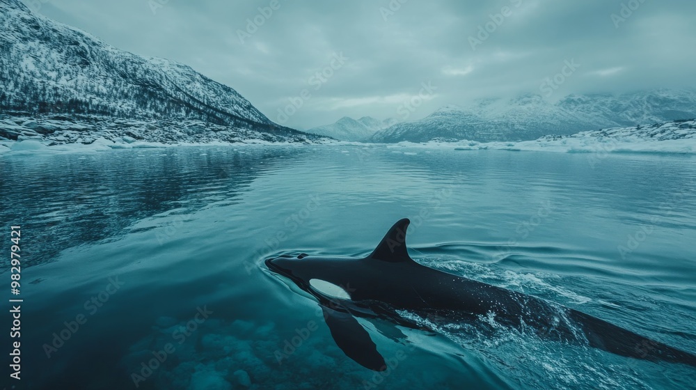 A killer whale swims in the icy waters near Tromso, Norway. A killer whale swims in the icy waters near Tromso, Norway.
