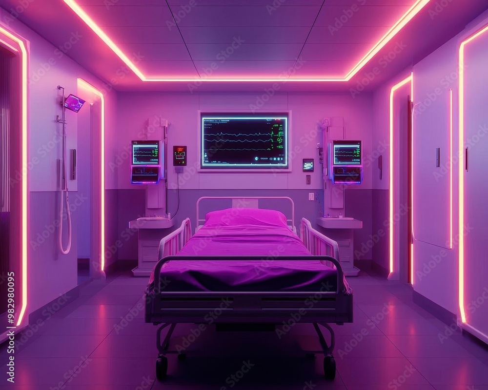 Futuristic outpatient clinic with AI-powered diagnostic machines and holographic patient charts, glowing neon lights, Cyberpunk, 3D Render Futuristic outpatient clinic with AI-powered diagnostic machines and holographic patient charts, glowing neon lights, Cyberpunk, 3D Render