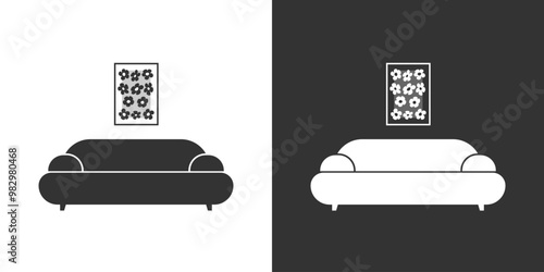 Interior furniture icon with sofa and poster. Black and white version