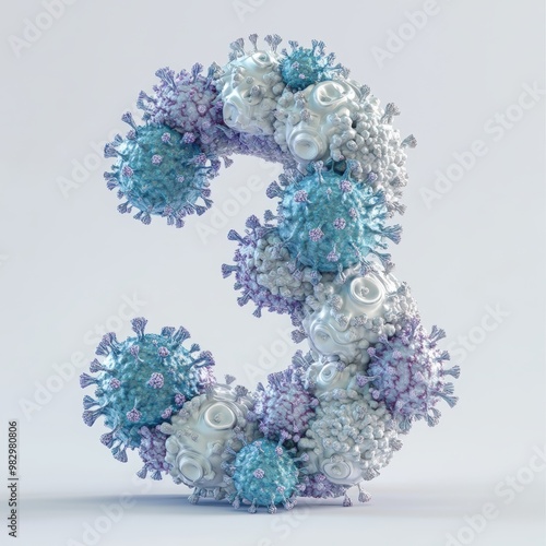 3D number 3 with virus texture realistic modern design, soft lighting, white background.