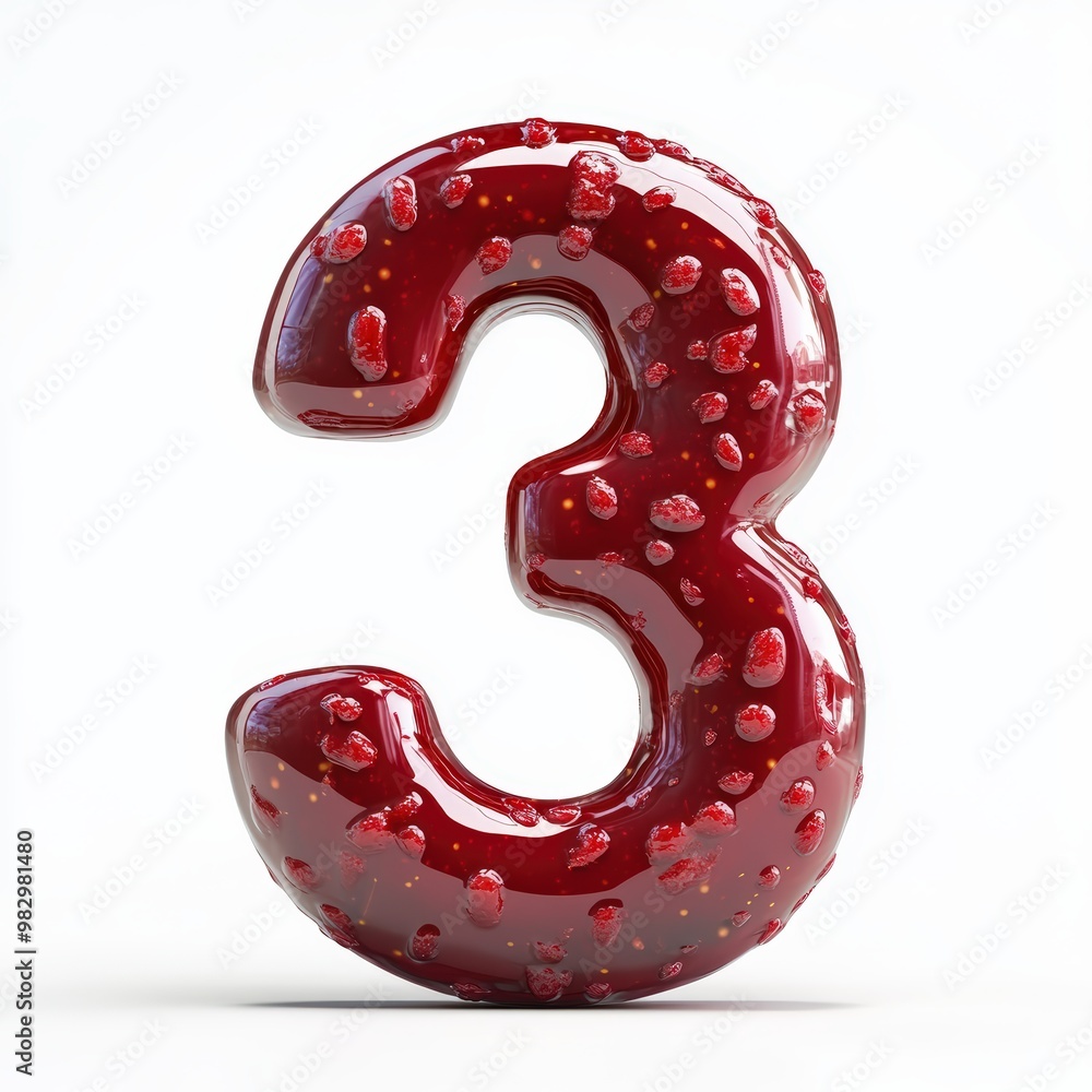 3D number 3 with jam texture realistic modern design, soft lighting, white background. 3D number 3 with jam texture realistic modern design, soft lighting, white background.