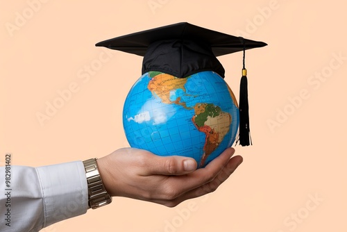 Hand holding a globe with graduation cap, concept of knowledge, learning and graduation.