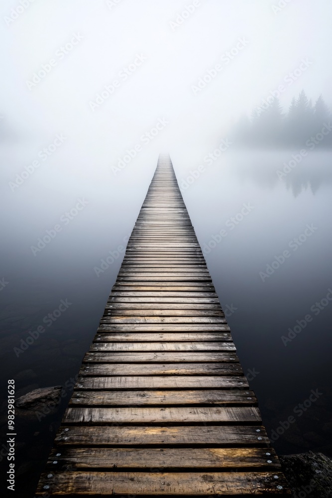 Obraz premium A wooden bridge disappearing into the fog, spanning across a river shrouded in early morning mist