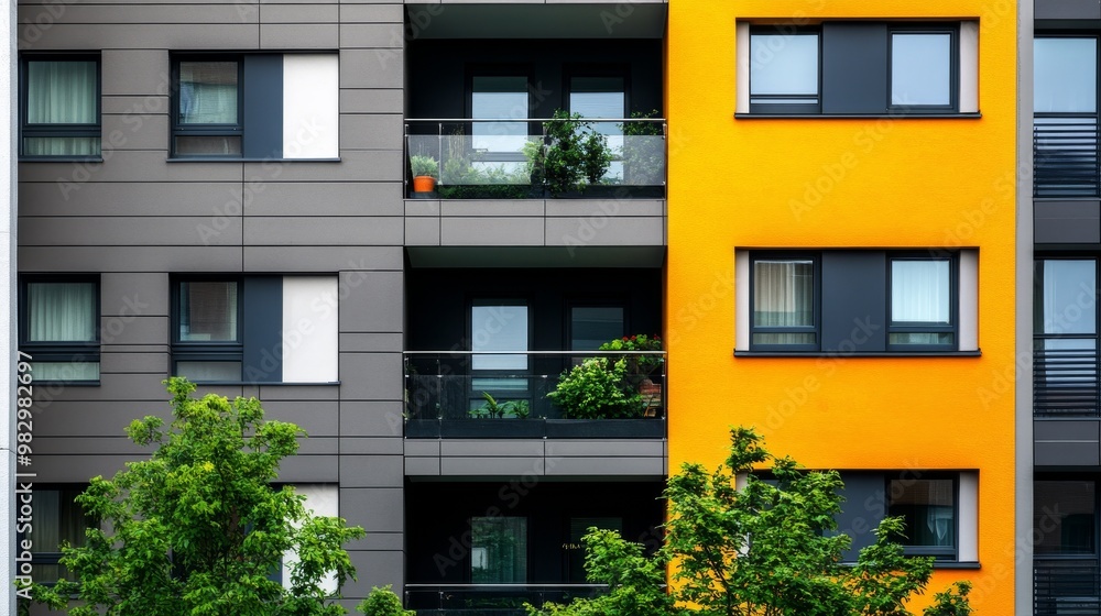 A modern apartment building's outer wall, where one side meets another. A modern apartment building's outer wall, where one side meets another.