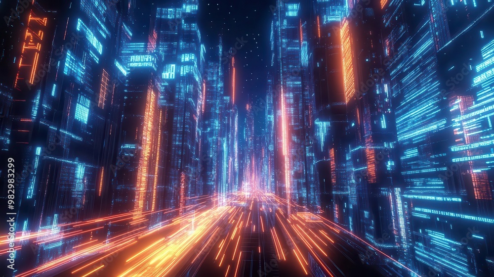 Fototapeta premium futuristic cityscape with glowing data streams illuminated skyscrapers and neon light trails from hovering vehicles dynamic composition with sweeping curves of digital information