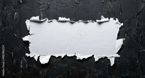 Torn Poster Mockup on Textured Black Wall. Blank White Poster with Adhesive Tear and Old Paper Effect photo