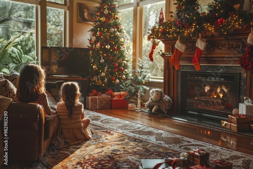 Cozy Christmas Eve with Kids by Fireplace and Decorated Tree