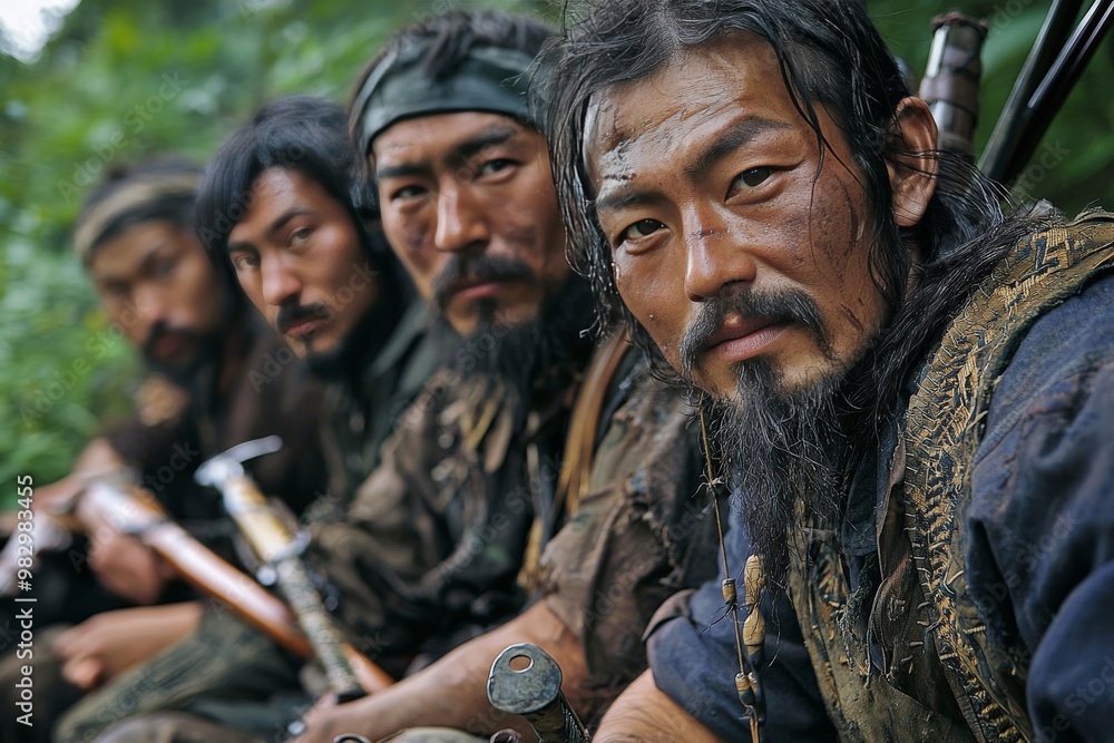 Ainu hunters in traditional attire, preparing to set out on a bear hunt in the dense forests of northern Japan, with their weapons and tools laid out before them Ainu hunters in traditional attire, preparing to set out on a bear hunt in the dense forests of northern Japan, with their weapons and tools laid out before them