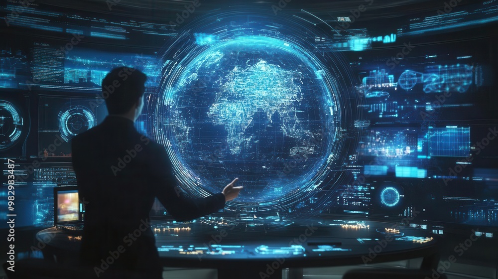 futuristic command center with holographic globe displaying realtime logistics data businessman manipulating 3d projections of supply chains and transportation routes futuristic command center with holographic globe displaying realtime logistics data businessman manipulating 3d projections of supply chains and transportation routes