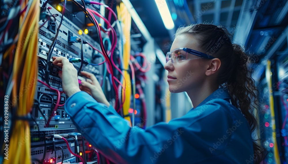A technician works diligently on server equipment in a data center, surrounded by colorful cables and bright lighting. A technician works diligently on server equipment in a data center, surrounded by colorful cables and bright lighting.
