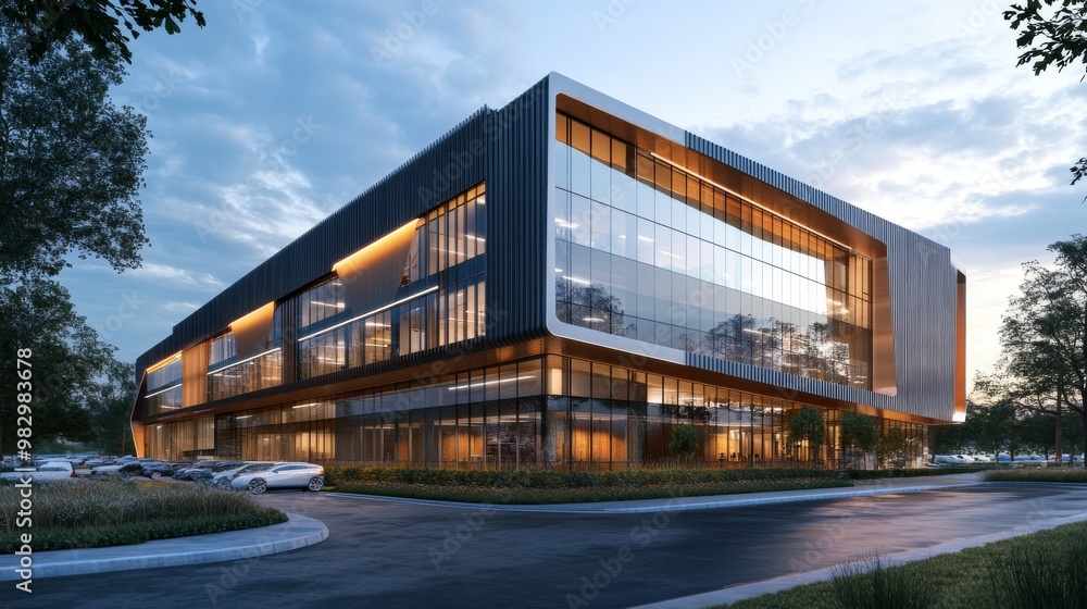 A modern office building with sleek aluminum panels and large windows. It has a unique design with angled steel panels on the outside. A modern office building with sleek aluminum panels and large windows. It has a unique design with angled steel panels on the outside.