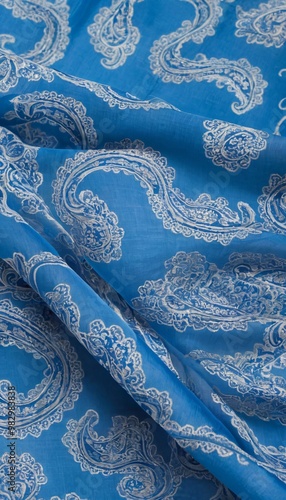 Background texture, pattern. Blue paisley silk chiffon mod fabric by the yard. Crinkled, flowy, soft, very light. Ai generated image.