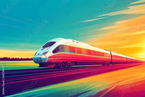 A vibrant illustration of a high-speed train racing across a field at sunset, showcasing modern transportation and innovation.