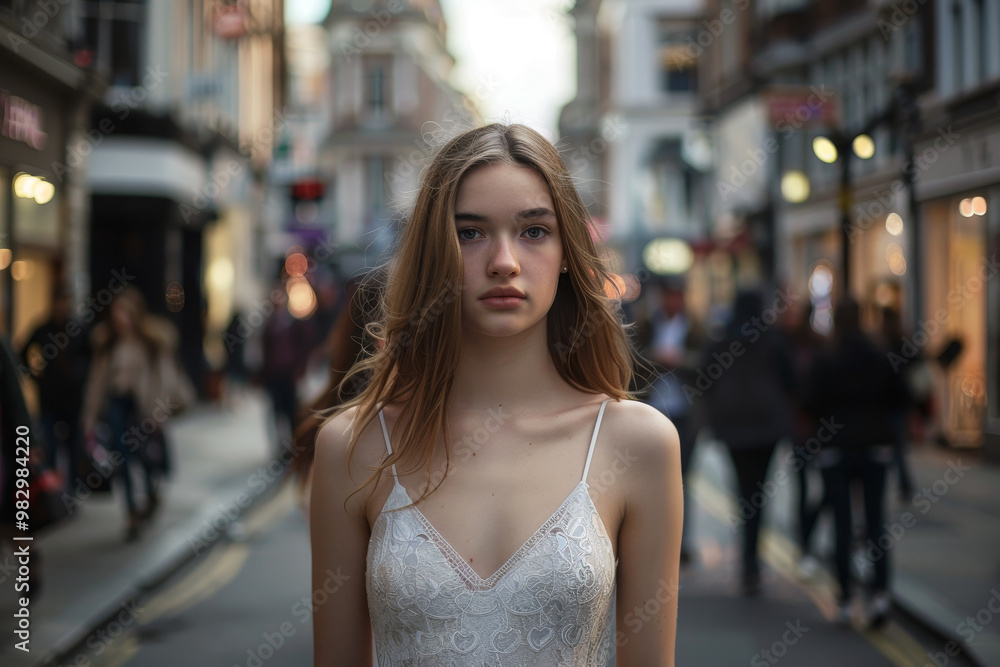A woman in a white dress stands in the middle of a busy city street A woman in a white dress stands in the middle of a busy city street