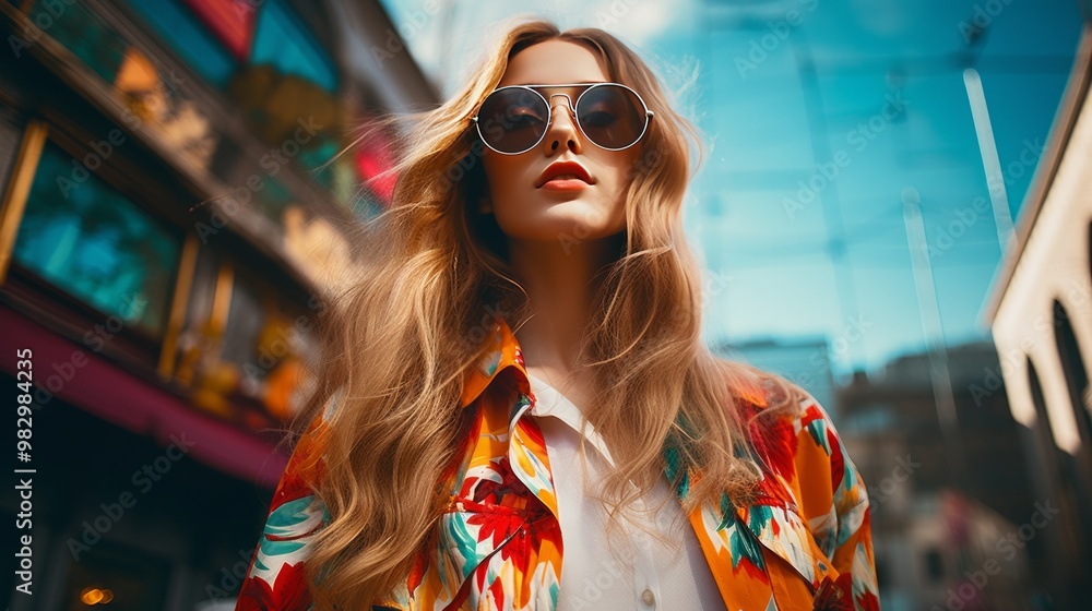 Stylish woman confidently posing in vibrant outfit against urban graffiti backdrop, showcasing trendy street style Stylish woman confidently posing in vibrant outfit against urban graffiti backdrop, showcasing trendy street style