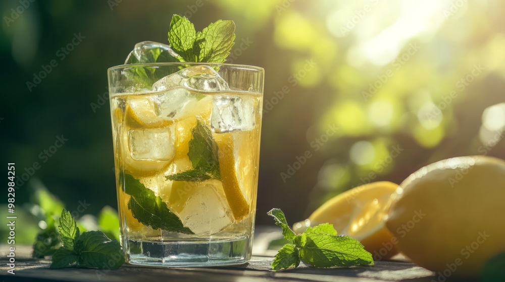 Refreshing Summer Lemonade with Mint & Ice: A Close-Up Shot Refreshing Summer Lemonade with Mint & Ice: A Close-Up Shot