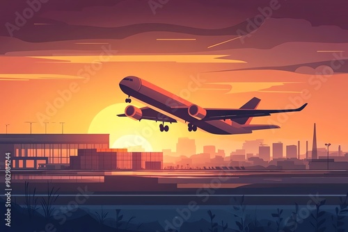 A vibrant sunset silhouette of an airplane taking off from the airport, capturing the beauty of travel and adventure.