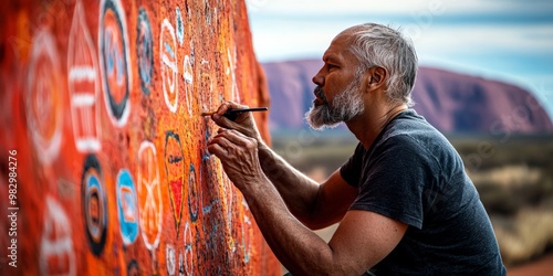 An Aboriginal elder painting sacred symbols on a red rock wall in the Australian outback, with the vast desert landscape and sacred Uluru in the background