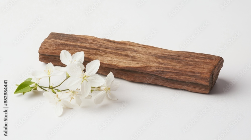 A piece of sandalwood and a jasmine flower, set against a plain white backdrop. A piece of sandalwood and a jasmine flower, set against a plain white backdrop.