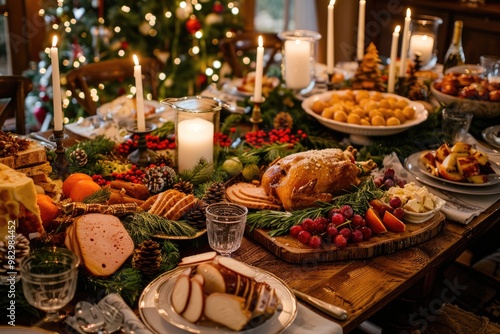 Elegant Christmas Dinner Table Setting with Candles and Festive Decor in Warm Lighting