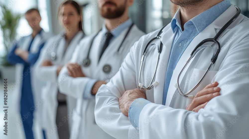 A group of doctors stand together in a line A group of doctors stand together in a line