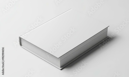 Blank white book on a white surface.